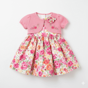 Vestido de Flores con Chaqueta de Punto Rosa para Bebé
